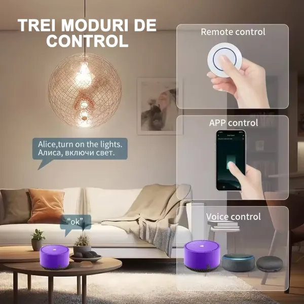 Intrerupator rotund fara fir RF 433MHz, control wireless, compatibil Tuya/Smart Life/Alexa/Google Home