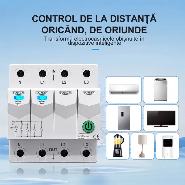 Siguranta inteligenta trifazata cu temporizator si blocare mentenanta, amperaj ajustabil 1 - 63A, WiFi, Sina DIN, compatibila Tuya / Smart Life