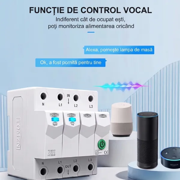 Siguranta inteligenta trifazata cu temporizator si blocare mentenanta, amperaj ajustabil 1 - 63A, WiFi, Sina DIN, compatibila Tuya / Smart Life