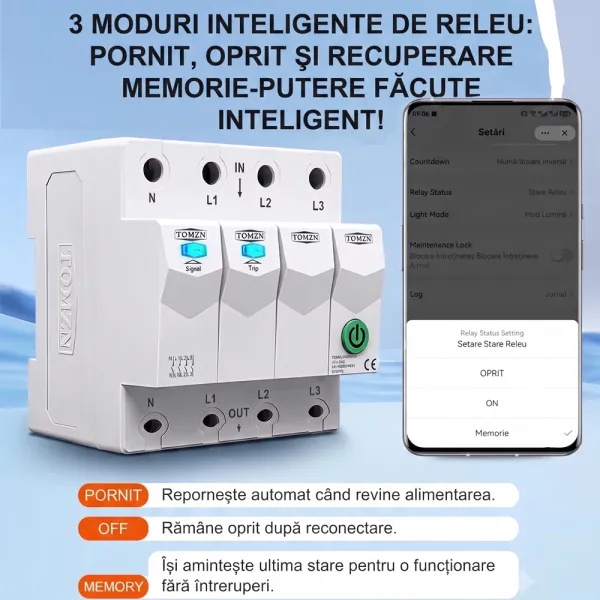 Siguranta inteligenta trifazata cu temporizator si blocare mentenanta, amperaj ajustabil 1 - 63A, WiFi, Sina DIN, compatibila Tuya / Smart Life