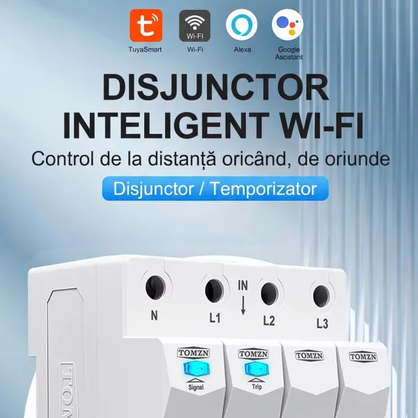 Siguranta inteligenta trifazata cu temporizator si blocare mentenanta, amperaj ajustabil 1 - 63A, WiFi, Sina DIN, compatibila Tuya / Smart Life