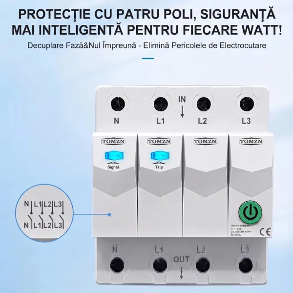 Siguranta inteligenta trifazata cu temporizator si blocare mentenanta, amperaj ajustabil 1 - 63A, WiFi, Sina DIN, compatibila Tuya / Smart Life