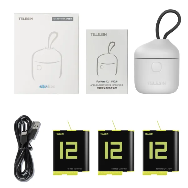 Bundle incarcator triplu si trei baterii compatibile GoPro Hero 12 / 11 / 10 / 9