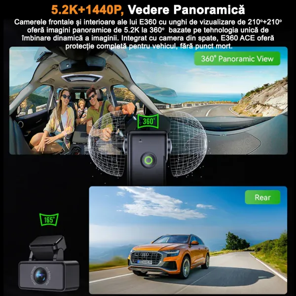 Camera auto Vantrue E360 ACE Panoramica 360o 5.2K 30 FPS, WiFi, Dual HDR, Night Vision 2.0, ecran tactil 1.54”, GPS, control vocal si monitorizare parcare