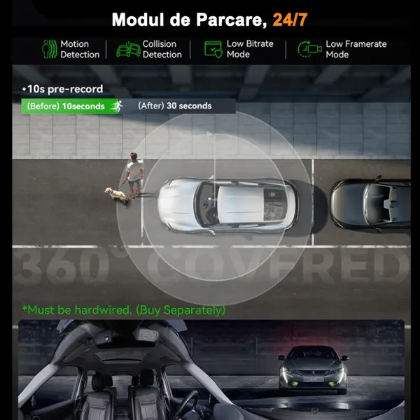 Camera auto Vantrue E360 ACE Panoramica 360o 5.2K 30 FPS, WiFi, Dual HDR, Night Vision 2.0, ecran tactil 1.54”, GPS, control vocal si monitorizare parcare