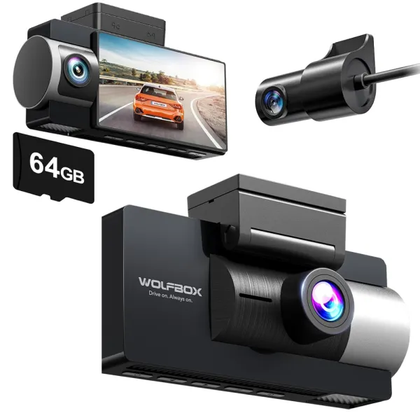 Camera auto de bord Wolfbox i17 cu 3 canale 4K+1080P+1080P, WiFi 5G, Super IR Night Vision, 150°, ecran 3&quot;, GPS, aplicatie dedicata, G-sensor si monitorizare parcare