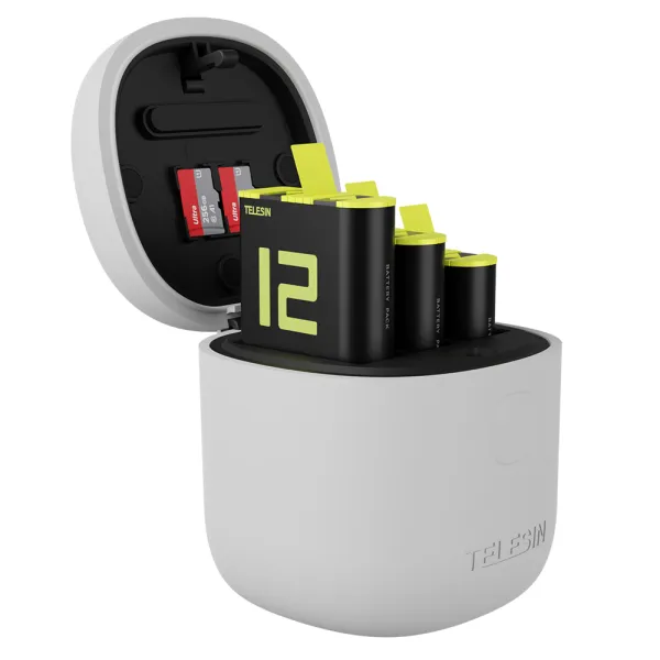 Incarcator portabil triplu cu cititor de carduri integrat pentru baterii GoPro Hero 12, 11, 10, 9