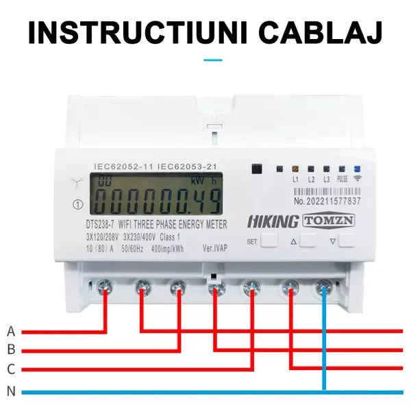 Contor trifazat inteligent IVAP, WiFi pentru monitorizare energie electrica 80A, multifunctional