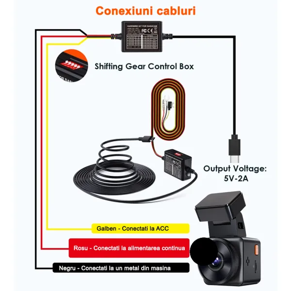 Kit de cabluri ACC cu 3 conductoare Vantrue pentru N5, N4 Pro, N4, E1, E2, E3, S2, N2S, X4S cu protectie tensiune joasa si mod parcare