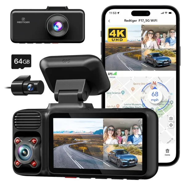 Camera auto de bord cu 3 canale REDTIGER F175G 4K+1080P+1080P, WiFi, Night Vision, 150°, ecran 3.16&quot;, GPS, aplicatie dedicata, G-sensor si monitorizare parcare