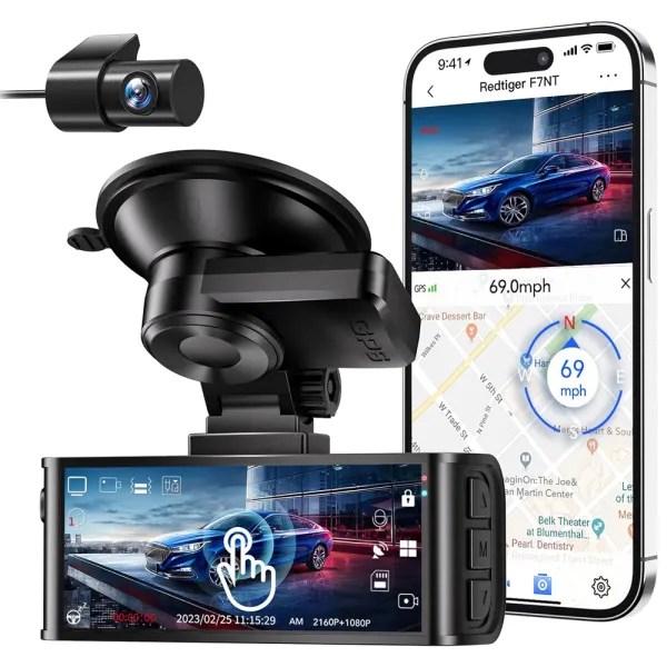 Camera auto de bord fata-spate REDTIGER F7N Touch 4K+FHD, WiFi, Night Vision, 170°, ecran tactil IPS 3.18&quot;, GPS, aplicatie dedicata, G-sensor si monitorizare parcare