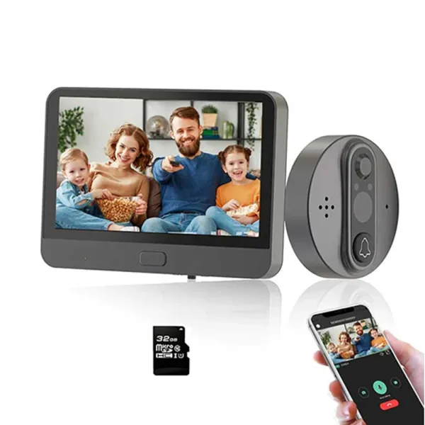 Sonerie video inteligenta WiFi cu unitate interioara LCD, card 32Gb, baterie, compatibila Tuya