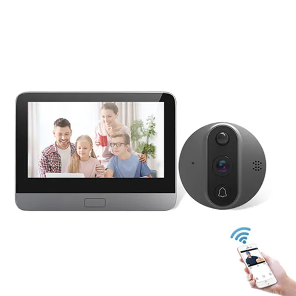 Sonerie video inteligenta WiFi cu unitate interioara LCD, card 32Gb, baterie, compatibila Tuya