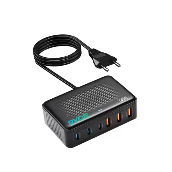 Incarcator rapid USB-C 100W cu 6 porturi incarcare simultana, ideal pentru laptop, tableta, telefon, Alb / Negru