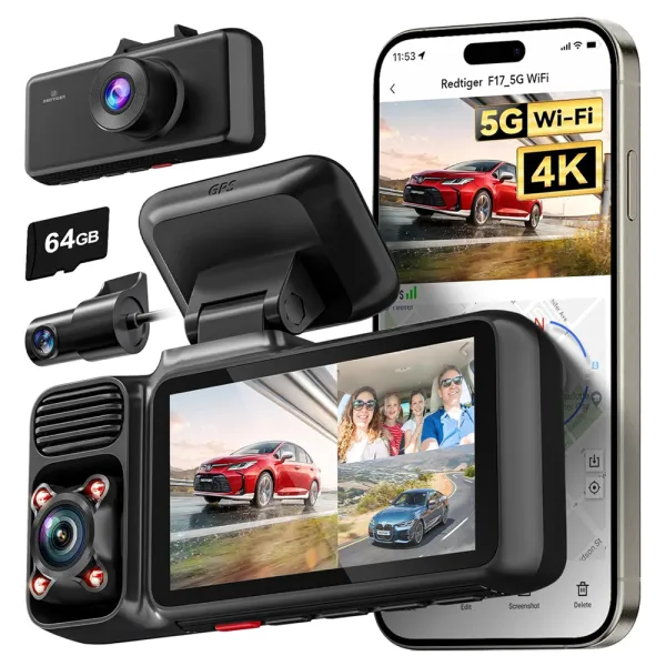 Camera de bord cu 3 canale REDTIGER F17 Elite 4K+1080P+1080P, WiFi 6, Night Vision, ecran tactil 3”, GPS, aplicatie dedicata, G-Sensor si Mod Parcare