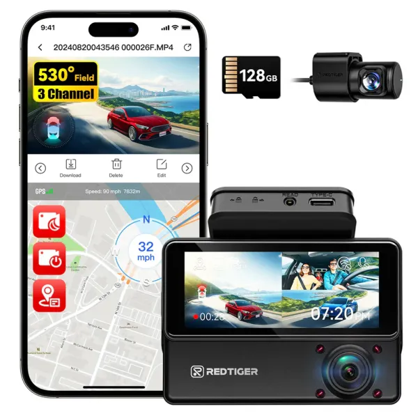 Camera auto de bord cu 3 canale RedTiger VP20 2.5K+2.5K+1080P, WiFi, Night Vision, ecran tactil, 530o, GPS, aplicatie dedicata, G-Sensor si Mod Parcare, card 128GB
