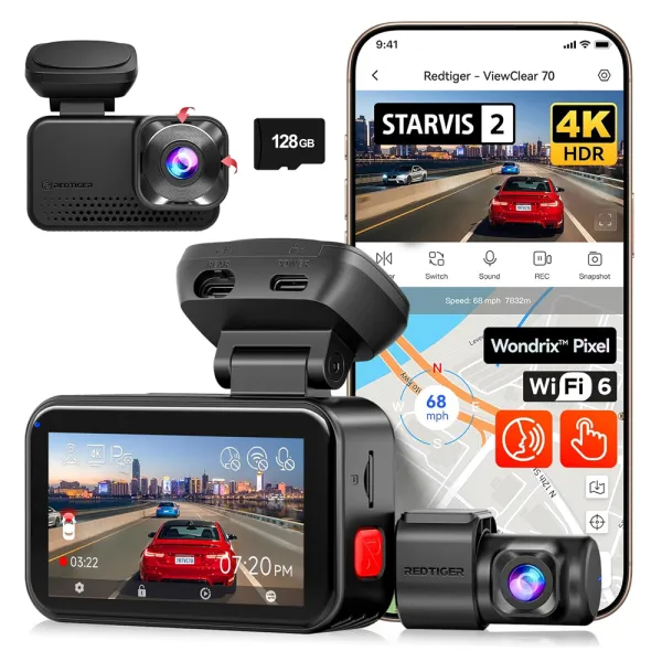 Camera auto de bord cu 2 canale REDTIGER ViewClear 70 4K+2.5K, WiFi, Night Vision, ecran tactil 3”, GPS, aplicatie dedicata, G-sensor si Mod Parcare, card 128GB