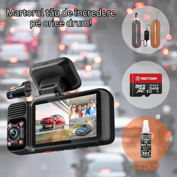 Pachet Cadou REDTIGER F17 Elite 4K+1080P+1080P, WiFi 6, Night Vision Color, ecran tactil 3”, GPS
